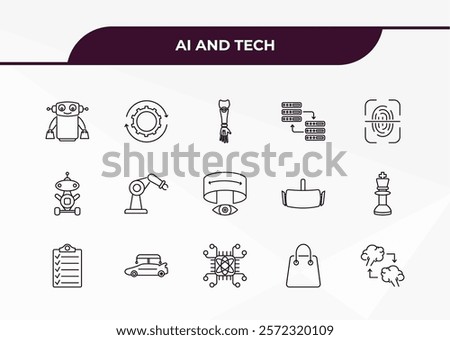 fully editable outline icon collection from ai and tech concept. thin line icons set such as shop assistant, processing, laws of robotics, shopping bag, mind transfer,