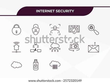 fully editable outline icon collection from internet security concept. thin line icons set such as locked, local network, malware, pendrive security, cloud server,