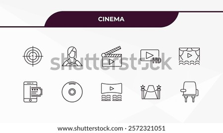 fully editable outline icon collection from cinema concept. thin line icons set such as film counter, actress, buy tickets online, red carpet, cinema seats,