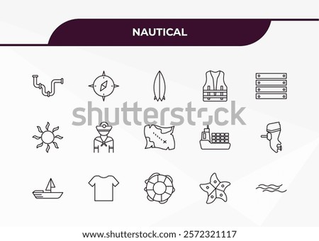fully editable outline icon collection from nautical concept. thin line icons set such as shirt, double air tank, big starfish, speed boat facing right, sailor hat,
