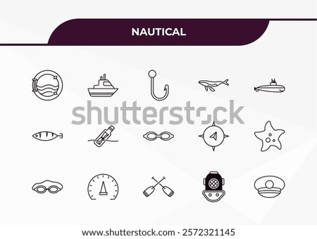 fully editable outline icon collection from nautical concept. thin line icons set such as paddles, rope knot, fish facing right, diving helmet, captain hat,