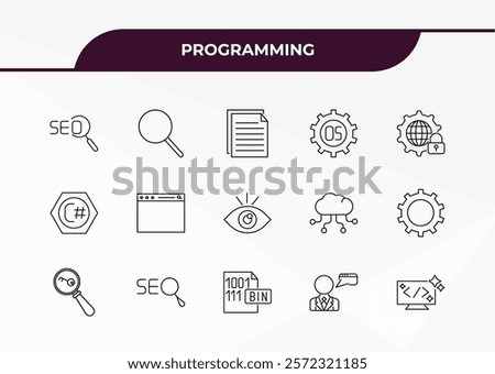 fully editable outline icon collection from programming concept. thin line icons set such as image seo, search, c sharp, seo consulting, clean code,