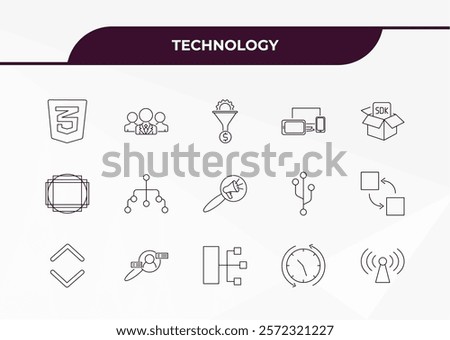 fully editable outline icon collection from technology concept. thin line icons set such as css3, leading, grid system, uptime and downtime, reach,