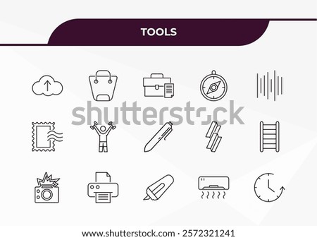 fully editable outline icon collection from tools concept. thin line icons set such as up arrow and cloud, bag with big handle, postage, air conditioning, time left,