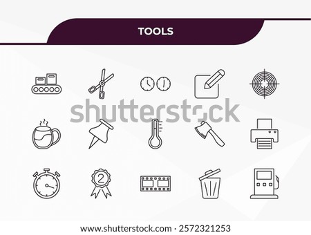 fully editable outline icon collection from tools concept. thin line icons set such as packing hine, forceps, cup of hot coffee, trash can open, fuel oil bomb service,