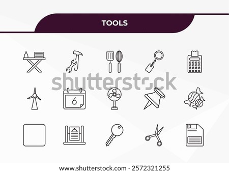 fully editable outline icon collection from tools concept. thin line icons set such as iron table, tools and utensils, windmills, open scissors, face down floppy disk,