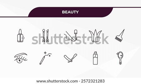 fully editable outline icon collection from beauty concept. thin line icons set such as nail polish removal, inclined makeup brush, woman eye, aplicator bottle, makeup mirror,