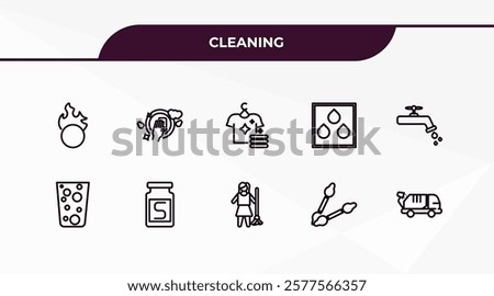 fully editable outline icon collection from cleaning concept. thin line icons set such as oxidizing agent, washing dishes, hard water, tampon cleanin, garbage truck,