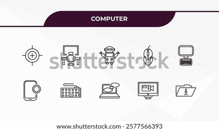 fully editable outline icon collection from computer concept. thin line icons set such as calibrate, work station, tablet data tings, computer video, save file,