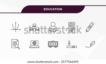 fully editable outline icon collection from education concept. thin line icons set such as parabolic function, computer and network, searching files, window scrolling left, calligraphy,