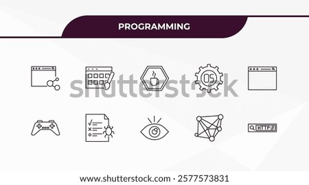 fully editable outline icon collection from programming concept. thin line icons set such as sharing, theme, console, aorithm, http,
