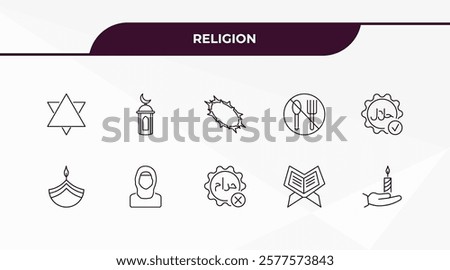 fully editable outline icon collection from religion concept. thin line icons set such as blasphemy, adhan call, diwali, quran rehal, vigil,
