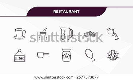 fully editable outline icon collection from restaurant concept. thin line icons set such as breakfast cup, mortar with e, closed, chicken thigh, paella with parwns,