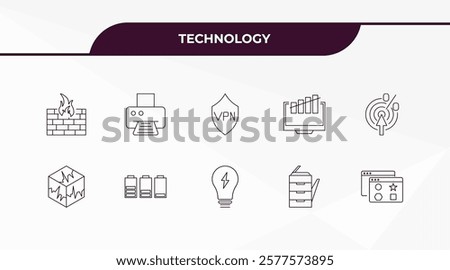 fully editable outline icon collection from technology concept. thin line icons set such as firewalls, paper printer, virtual box, office printer, attributes,