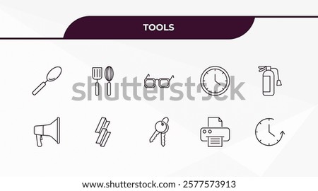 fully editable outline icon collection from tools concept. thin line icons set such as large spoon, kitchen tools, megaphone side view, blank paper and printer, time left,