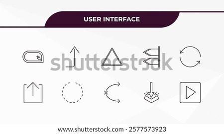 fully editable outline icon collection from user interface concept. thin line icons set such as corner widget, arrow heading up, export button, bending, play video button,