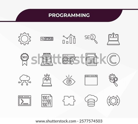 fully editable outline icon collection from programming concept. thin line icons set such as cogwheel, http, computing, cloud storage, optimization,