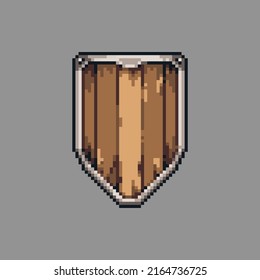 Fully editable pixel art vector illustration old wooden shield for game development,
graphic design, poster and art.