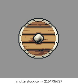 Fully editable pixel art vector illustration old wooden shield for game development,
graphic design, poster and art.