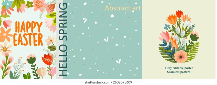 Fully editable poster for Easter in cute cartoon style. Digital illustration, seamless pattern in modern flat style.