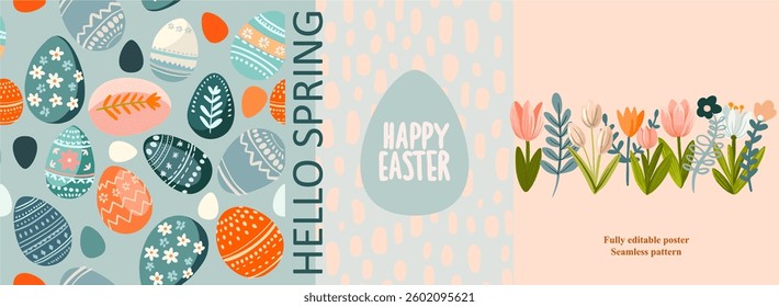 Fully editable poster for Easter in cute cartoon style. Digital illustration, seamless pattern in modern flat style.