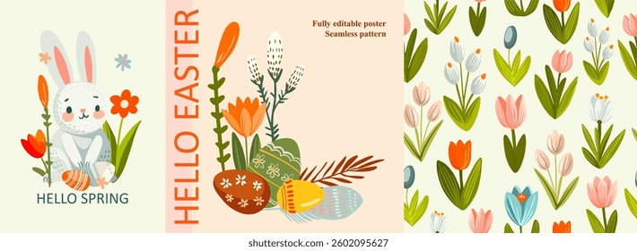 Fully editable poster for Easter in cute cartoon style. Digital illustration, seamless pattern in modern flat style.
