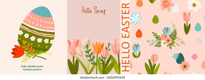 Fully editable poster for Easter in cute cartoon style. Digital illustration, seamless pattern in modern flat style.