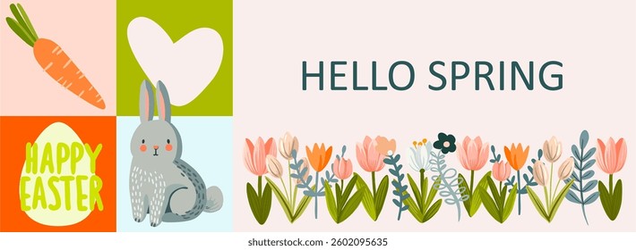 Fully editable poster for Easter in cute cartoon style. Digital illustration, seamless pattern in modern flat style.