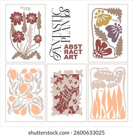 Fully editable set of abstract botanical posters in pastel colors. Contemporary digital art for branding, wedding design, printing.