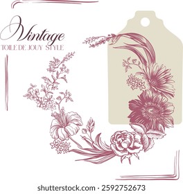 Fully editable set of tag and wreath (stylized toile de jouy in linear execution). Digital illustration in vintage style for wedding design, branding, advertising.