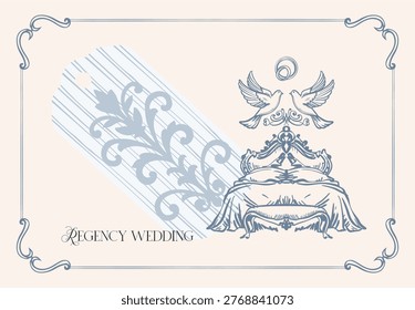 A fully editable set of vector line illustrations for Regency-style wedding designs. Vintage digital illustrations in pen-and-ink sketch style.