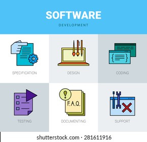 Fully editable software icon set. Software development steps. Vector illustration.
