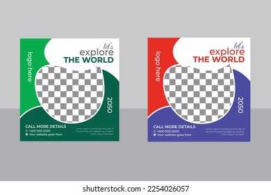 Afiche de pancarta de anuncios de viajes, vacaciones y turismo, publicación de medios sociales de viaje, publicidad de marketing en sitios web de turismo de vacaciones para ofertas de negocios de agencias de viajes.
