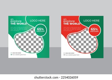 Fully Editable Square Flyer, Holiday and Tour Advertising Banner Design, Traveling Social Media Post, Holiday Tourism Marketing Web Banner Poster for Travelling Agency Business Offer.