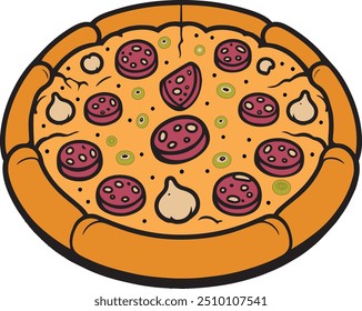 Fully Editable Tasty spicy pizza with flat Color illustration