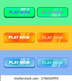 Fully editable three-colored, shiny call to action buttons. Green, yellow and blue colored Play Now vectored call to action buttons.