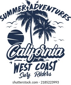 Fully editable Vector EPS 10 Outline of Summer Adventure California T-Shirt Design an image suitable for T-shirts, Mugs, Bags, Poster Cards, and much more. 