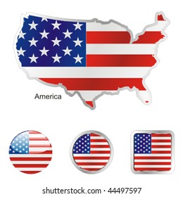 fully editable vector flag of america in map and web buttons shapes