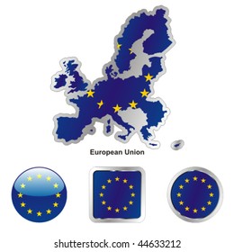 fully editable vector flag of european union in map and web buttons shapes