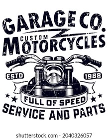 Fully editable vector illustration (Editable AI) and EPS outline of Garage Co Custom Motorcycle tshirt, an image suitable for t-shirt graphic, poster or print design, the package contains: 4500×5400px
