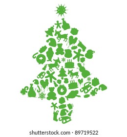fully editable vector illustration of Christmas tree made by items silhouettes