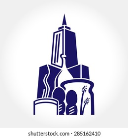 Fully editable vector illustration of a city skyline made of everyday breakfast items. Perfect for city diner or cafe logo. 