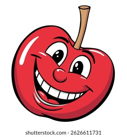Fully editable vector illustration of a cute cherry with a smiling face. Ideal for food packaging, children's books, healthy lifestyle marketing, and social media graphics.