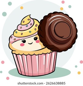 Fully editable vector illustration of a cute, smiling cupcake character with pastel frosting and chocolate drizzle. Ideal for bakery, confectionery, and sweets shop branding, children’s party 