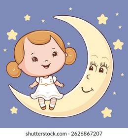 Fully editable vector illustration of a dreamy little girl sitting on a smiling crescent moon, surrounded by stars. Ideal for children's books, nursery decor, baby shower invitations, 