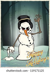 Fully editable vector illustration of evil snowman in the foggy woods