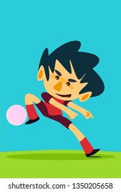 Fully editable vector illustration of a flat stylized soccer striker kicking the ball in an acrobatic pose ready to score a goal