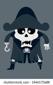 Fully editable vector illustration of a ghostly pirate skull, with ragged clothes, a wooden leg and a hook for a hand.