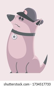 Fully editable vector Illustration of a guard dog with hat and badge sitting vigilantly 