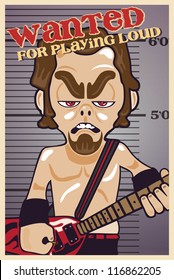 Fully editable vector illustration of guitar player wanted for misbehaving